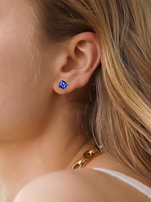 Minimalist Princess Cut Sapphire Stud Earrings | White Gold