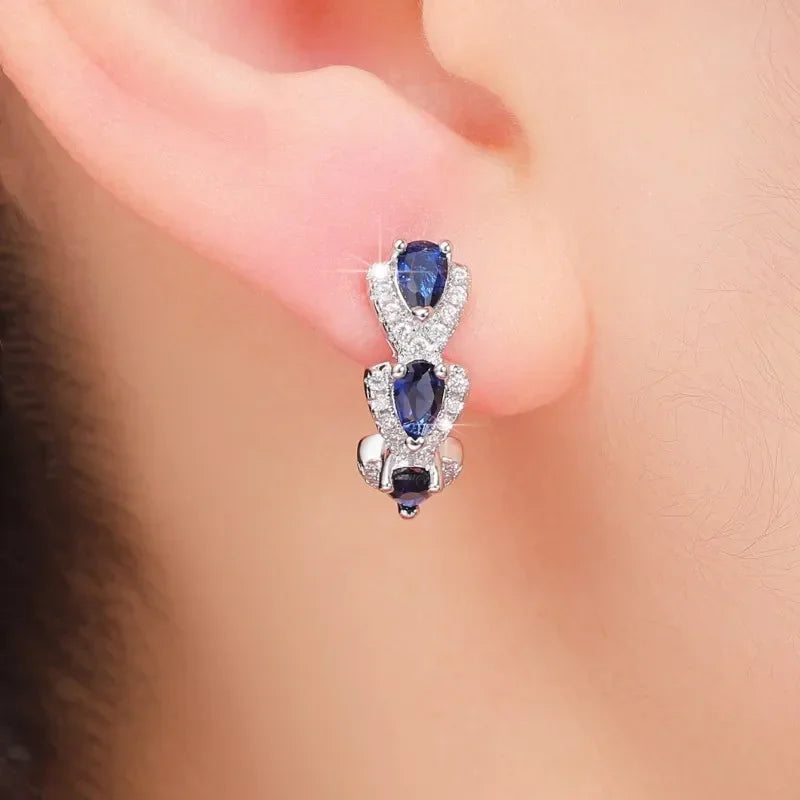 Silver Sapphire Halo Hoop Earrings